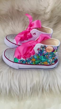 Dollbling Shell Simulation DIY Bling Handmade Shoes Canvas Mermaid Theme Kids High Top Pearls Sneakers Under the Sea Shoes