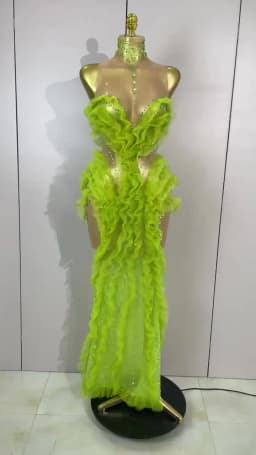 Elegant Sparkly Green Rhinestones Mesh Sheer Ruffle Maxi Dress Celebrate Eveing Birthday Party Nightclub Red Carpet Stage Wear