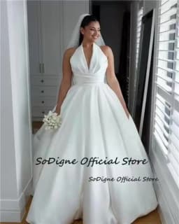 SoDigne A-line Satin Simple Wedding Dresses Sleeveless Halter Bridal Dress Long Wedding Gown Robe De Mairee Customized