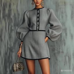 Slim Mini Dress Women's Elegant Lantern Sleeve Round Neck Button-Down Dress 2026 Spring Fall Office Commuting A-Line Dress