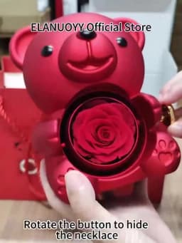 Rose Hugging Bear Gift Boxes Free Engraving Necklace Rose Rotating Flower Birthday Gift for Women