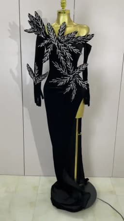 Shiny Diamond Velvet Sexy Side Slit Floor Length Dress With Gloves Women Chic Birthday Banquet Show Host Nightclub Stage Wear