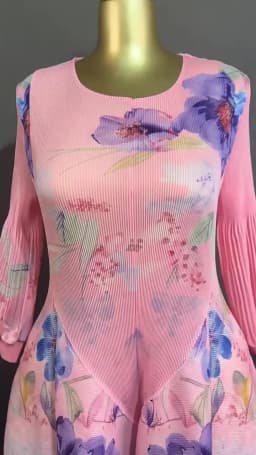 Miyake Pleated Print Dresses 2026 Summer New Round Neck Lantern Sleeve A-Line Flower Bud Dress Elegant Stretch Women's Clothing