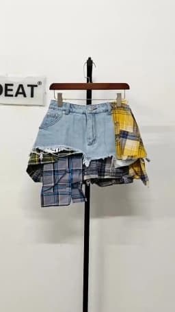 DEAT Women's Denim Skirt Colored Plaid Patchwork Irregular Deconstructed A-line High Waist Mini Skirt 2026 Spring New Fashion