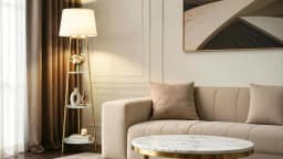 Modern Corner Display Column Bookshelf Lamp, Upgraded Version of Dimmable High Vertical Floor Lamp with Linen Lampshade, LED Bulb, Suitable for Living Room and Reading Room, Bedroom, Office and Nursery, White Marble and Golden Pillars