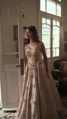 FATAPAESE Customzied Wedding Gown Features a Voluminous Champagne-hued Skirt Lavishly Adorned with Scattered Crystal Sparking