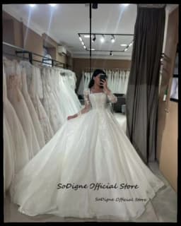 SoDigne A-line Glitter Tulle Wedding Dresses Square Collar Full Sleeves Bridal Dress Appliques Long Wedding Gown Customized