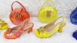 Elegant Women Heels for Peep Toe Good Material Design Rhinestone Fuchsia Sandals Italian Shoes and Bags Matching Set 2025