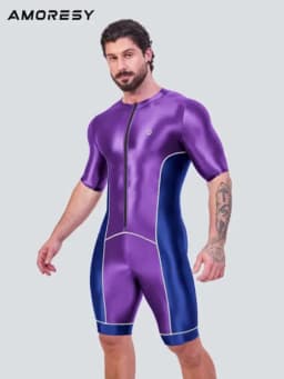 AMORESY Men Smooth Satin Running Catsuit Half Sleeve Bodysuit Yoga Sports Cycling Overalls Tracksuits Jumpsuits Running Leotards