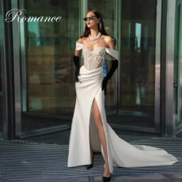 Sexy Pleat Beading High Side Slit Mermaid Wedding Dress V-Neck Pearls Off The Shoulder Backless Vestidos De Novia Customized