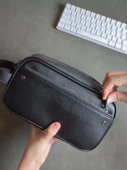 Men's Textured PU Leather Organizer Bag - Dual Zipper Hand Carry w/ Detachable Strap, Fits Phone & Essentials