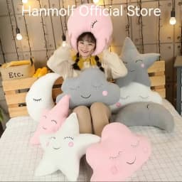 Shy Sky Plush Throw Pillow Stuffed Cloud Moon Star Water Drop Soft Cushion Pink White Grey Colorful Back Support Plushie Decor