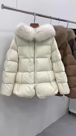 Schinteon Women 100% Real Fox Fur Collar White Duck Down Jacket with Hood Autumn Winter Warm Casual A-lined Warm Outwear Cape