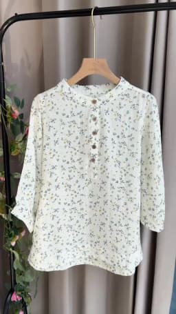 New Spring Cotton Yarn Versatile Shirt Women Stand Collar Tops Girl Short Sleeve Printed Literature Blouse 2024 Autumn T43501QC