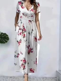 Spring and Summer New Style Fashionable and Elegant Short-Sleeved Wrap Waist V-Neck Women's Dress with Pockets