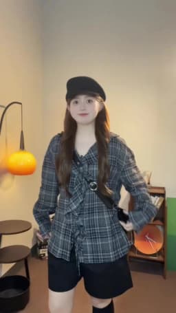 DUSHU 2026 Fall Women's V-Neck Plaid Long Sleeve Blouse with Ruffle Trim and Drawstring Waist - Fashion Forward Office Wear