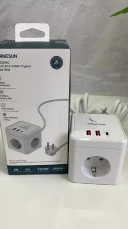 6-in-1 Power Strip Wall Socket Extender with 2M Extension Cable 3 AC 2 USB 1 Type-C Ports PD 20W Fast Charging Max 3680W(16A)
