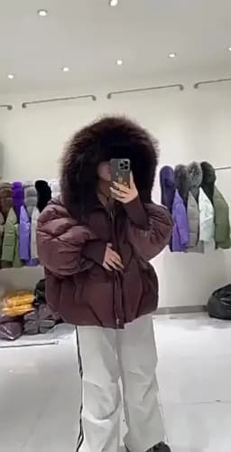 Winter Hooded Natural Large Fur Collar Down Jacket Women Short White Duck Down Outwear Female Lantern Sleeve Warm Quilted Jacket