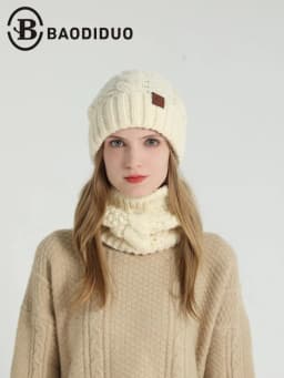 Women's Winter Hat and Neck Warmer Set, Warm Knit Hat with Ear Protection, Hooded Yarn Cap