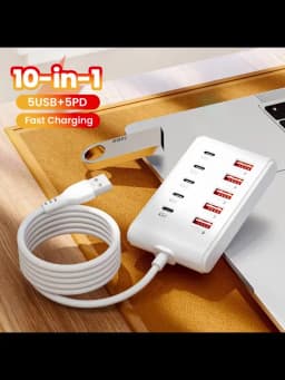 10 Ports USB Charger 5USB+5PD Power Strip Multi Port Type C Wall Charger With 1M Cable For iPhone Samsung Xiaomi QC3.0 Adapter