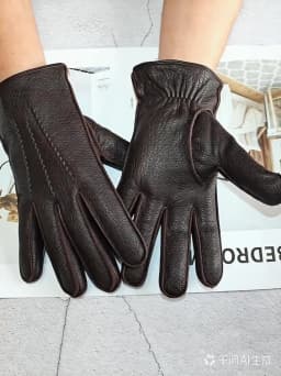 New Deerskin Gloves Men's Leather Outer Stitched Striped Retro Motorcycle Riding Driving Autumn and Winter Wool Knitted Lining