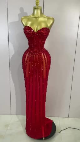 Sexy Red Strapless Mesh See Through Long Dress Evening Party Luxury Sparkly Diamond Birthday Nightclub PhotoShoot Stage Costumes
