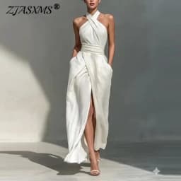 Chic Solid Front Split Boho Long Dress Woman Spring Sexy Off Shoulder Halter Party Dress Summer Sleeveless High Waist Maxi Dress