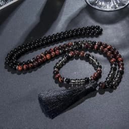 8mm Red Tiger Eye Black Onyx 108 Mala Beaded Necklace Yoga Prayer Meditation Rosary for Men and Women Japamala Jewelry Set