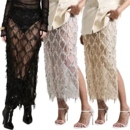 Stretch Sheer Skirt Features Sequins And Tassels for Nightclub Festival Wear