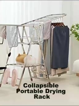 SAEIV Foldable stainless steel clothes rack with wings and shoe rack, height-adjustable, sturdy and durable, space-saving.