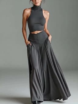 Women's Turtleneck Sleeveless Pullover Short Top with Maxi Skirts Two-Piece Set Casual Elegant Holiday Simple Outfit Streetwear