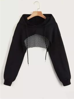 Street Sport Drop Shoulder Drawstring Hollow Out Super Crop Sports Hoodie Without Cami Top