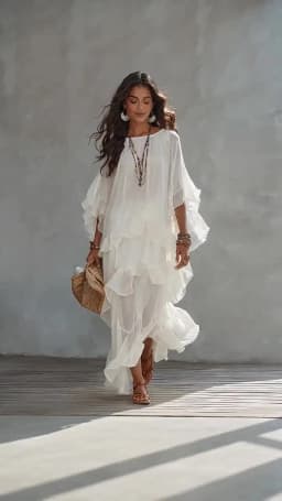 Vintage Solid Tiered Ruffle Mesh Dress Women Crew Neck Loose Batwing Sleeve Sheer Maxi Dress Elegant Holiday Travel Casual Dress