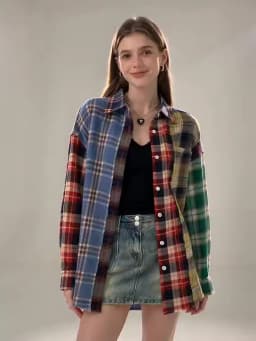 Women Patchwork Plaid Shirts and Blouses Y2k Vintage Korean Harajuku Fashion 90s Elegant Long Sleeve Polo-Neck Shirt Top Clothes