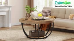 Tribesigns 31.7" Round Coffee Table, Industrial 2-Tier Circle Coffee Table with Storage Shelves, Modern Wooden Sofa Side Table