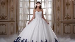White Tulle Blue Lace Applique Strapless Floor Length Lace-Up Back Wedding Formal Prom Dresses Bridal Gown Customized Made W19-5