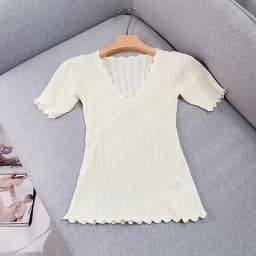 Women V Neck Knitted Crochet Tee With