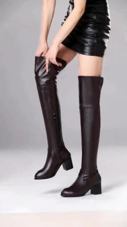 2024 Pure Color Elastic Pu Knee Boots Plus Size Round Toe Thick Heel Side Zipper Warm Inner Sleeve Slip On Long Women's Boots