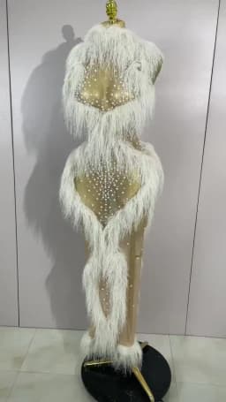 2026 New Sparkly Pearl Tassel Mesh See Through Long Dress Women Sexy Luxury Birthday Prom Party Nightclub Singer Stage Costume