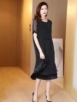 Summer Short Sleeves Covering Belly High End Chiffon Dress 2026 New Large Size Loose Dot French Style Long Dress Women Vestidos