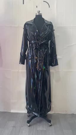 Mauroicardi Spring Soft Thin Flowy Shiny Reflective Holographic Black PVC Faux Leather Trench Coat for Women Maxi Y2K Streetwear