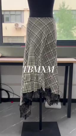 Spring New Check Lace Hem Asymmetric Skirt Women Eelgant A-line Zip-up Midi Skirts Female Vintage Party Skirts 2026 New