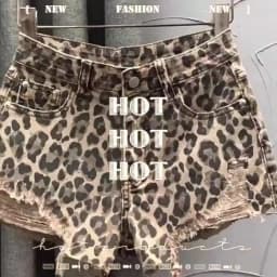2026 Summer New Retro Leopard Print Ripped Edge Low Waist Denim Shorts Women