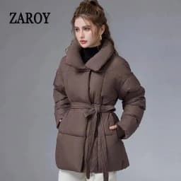 ZAROY Women Winter Belted Jacket Elegant Stand Collar Windproof Puffer Coat Cotton Padded Thick Warm Snow Parkas Overcoat куртка