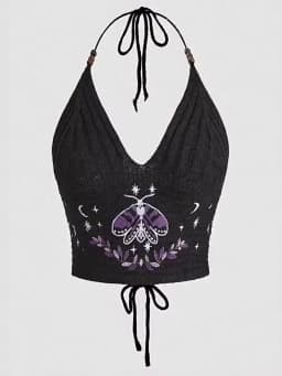 Women's Boho Halter Top Spring Summer Hippie Knit Beaded Celestial Design with Sun Moon Star Moth