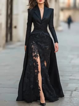 Autumn Women's Lapel Button Top and Skirt Two Piece Set Lace Patchwork Slim Fit Party Suit Elegant Solid Formal Occasion Outfit