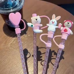 Cute Bear Straw With Dust Cover Cap Silicone Kawaii Cat Claw Straw Stoppers For Tumbler Pink Straws Tip Cover Protector 7mm