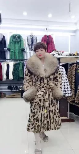 Leopard Print Real Rabbit Fur Coat for Women Long Thickened Warm One-Piece Autumn Winter Fashion with Fox Fur Collar