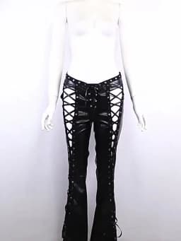 RORORIRI PU Leather Black Pants Punk Hollow Out Strappy Slim Vintage Low Waist Split Bootcut Trousers Festival Grunge Streetwear