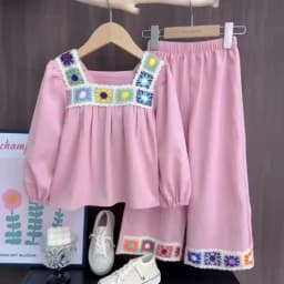 Leisure Vacation Style Children's Suit Solid Color Flower Embroidery Square Neck Short Sleeved Top+shorts Two-piece Set Summer